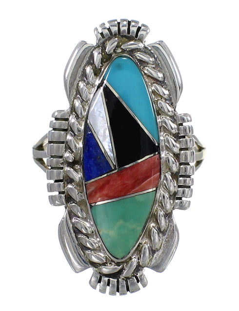 Authentic Sterling Silver Southwest Multicolor Inlay Ring Size 8-1/2 QX77490